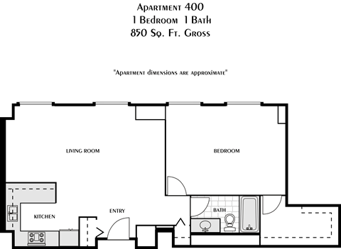 Floor plan for 1 bed, 1 bath, 850 sqft